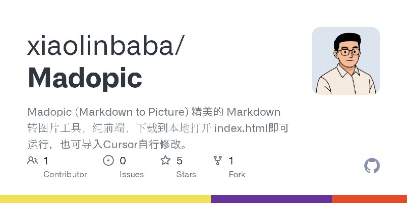 GitHub - xiaolinbaba/Madopic: Madopic (Markdown to Picture) 精美的 Markdown 转图片工具，纯前端，下载到本地打开 index.html即可运行，也可导入Cursor自行修改。