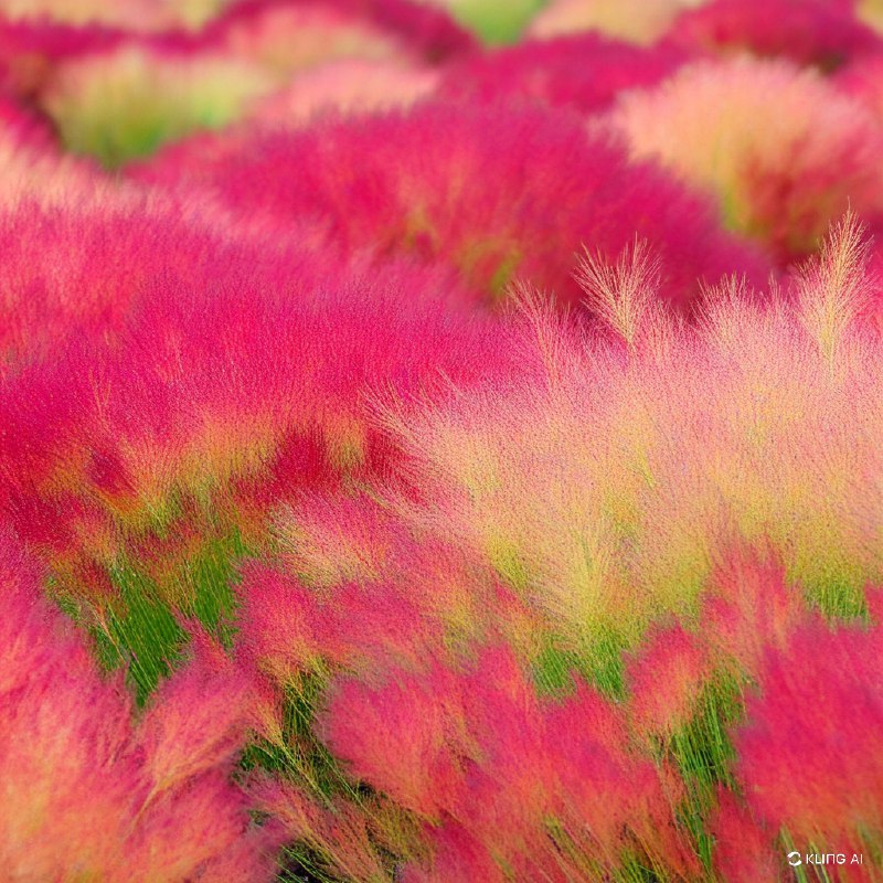 日本茨城县筑成市，一片生机勃勃的 Kochia scoparia 田野，呈现出浓郁的红色和橙色，秋高气爽，微风轻拂，自然景观