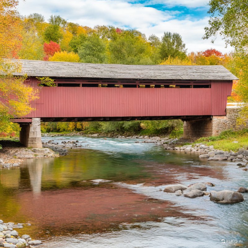 这是一幅风景如画的画面，一座历史悠久的有顶桥梁横跨宁静的河流，周围是生机勃勃的秋叶，展现了大自然的美丽、温暖的色调、宁静的氛围、晴朗的天空、水面上的倒影、风景摄影、乡村魅力、遗产建筑
