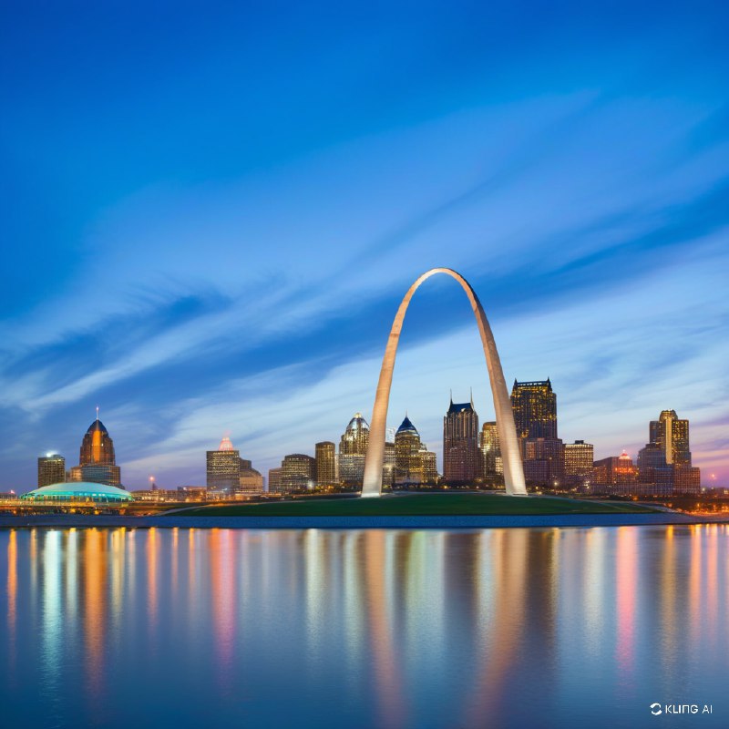 #Bing_Wallpaper“圣路易斯拱门在深邃的钴蓝色黄昏天空映衬下显得格外壮丽，周围环绕着光芒四射的城市景观