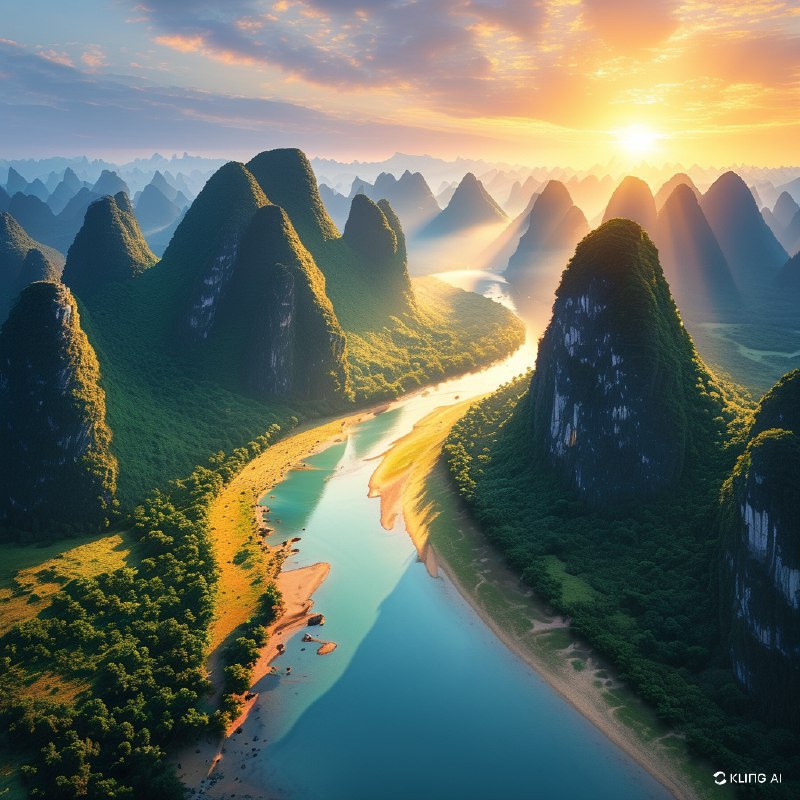 #Bing_Wallpaper沐浴在日出金色光辉中的壮丽喀斯特山峰，展现了中国桂林广西绿意盎然的绝美景观的震撼俯瞰图