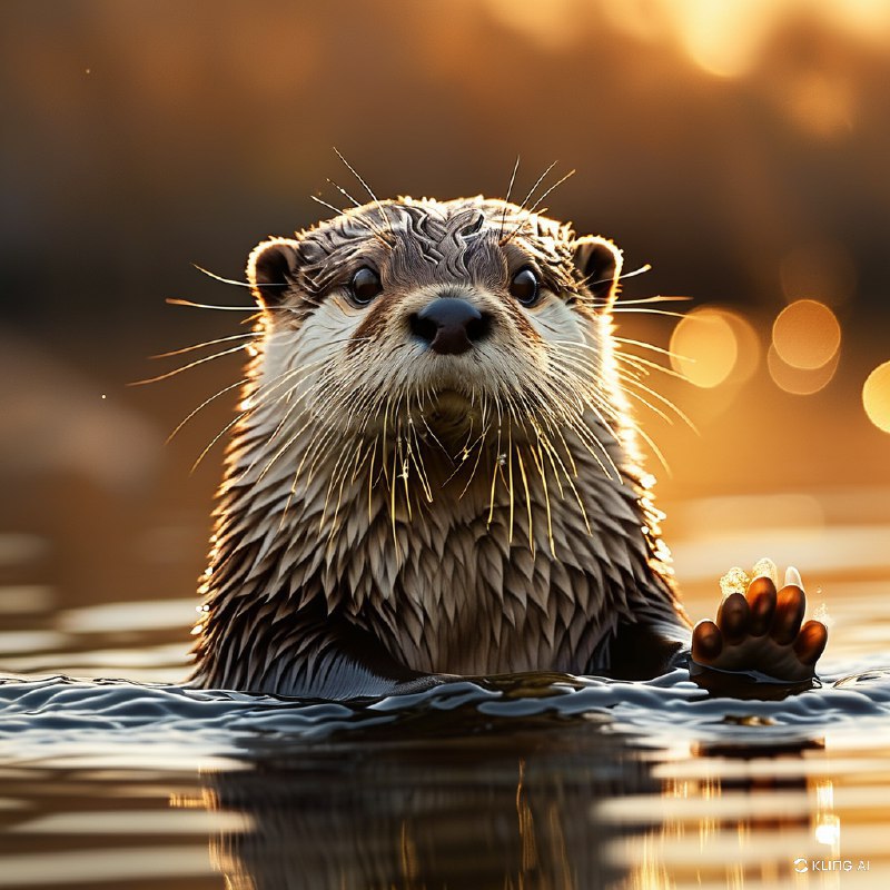 #Bing_Wallpaper夕阳时分，一只欧亚水獭从平静而金黄的水面中浮现的特写镜头
