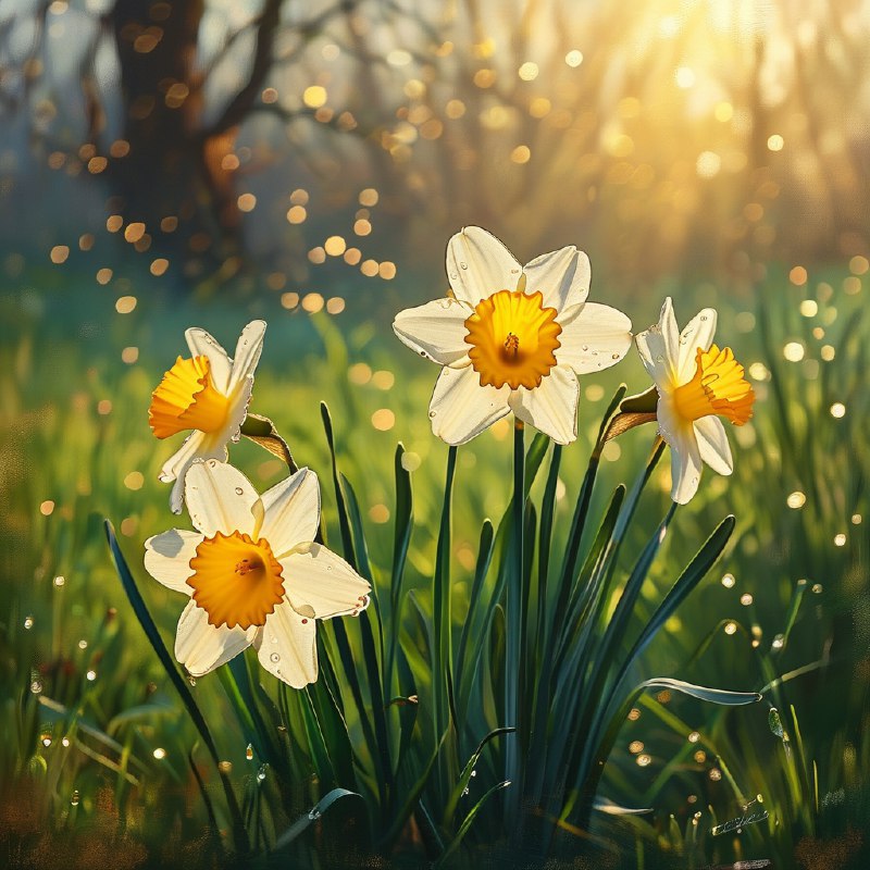 #Bing_Wallpaper一个迷人的春日清晨，沐浴在金色阳光中，娇嫩的水仙花优雅地盛开在鬱鬱葱葱的绿草间