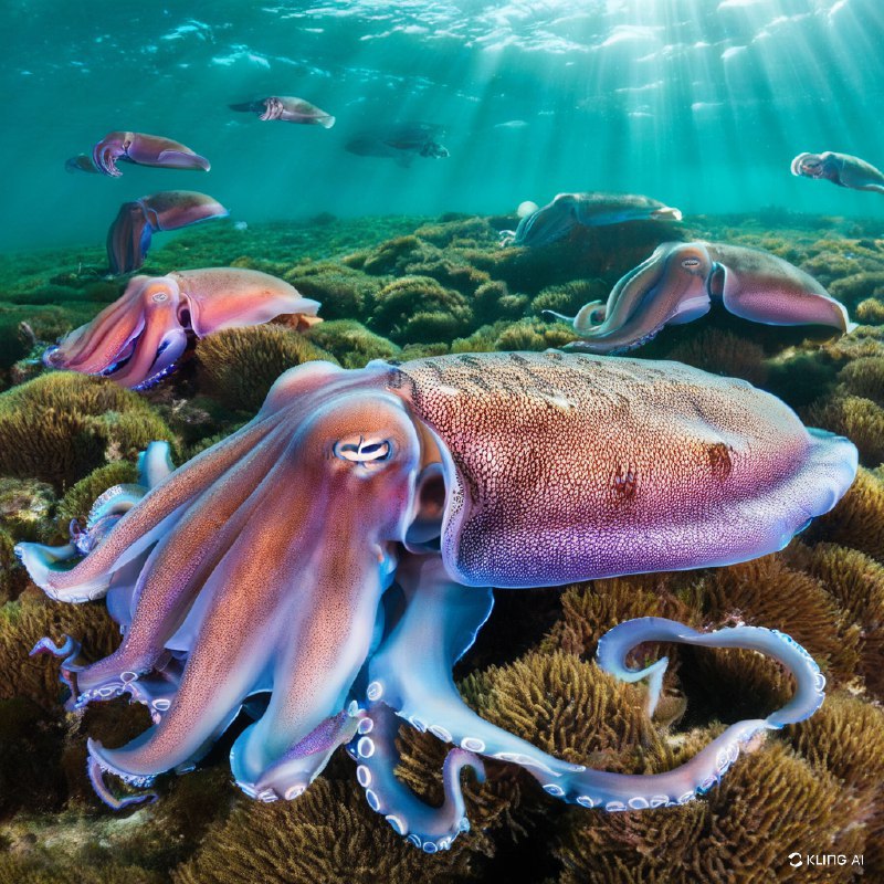 #Bing_Wallpaper在南澳大利亚怀阿拉附近的斯宾塞湾碧绿的水域中，一个超现实的水下场景展现出生命的旺盛景象，一群令人着迷的伞状墨鱼成为焦点