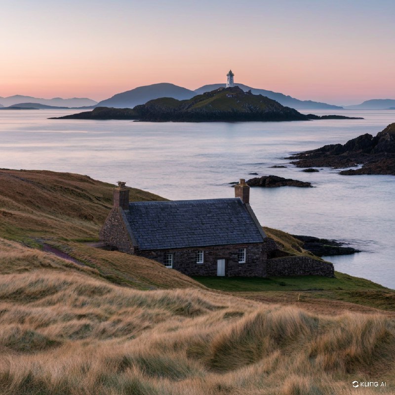 #Bing_Wallpaper"威尔士沿海的日出景象，一座古朴的石屋静静地坐落在金色随风摇曳的草丛中，屋顶覆有板岩，与兰德温岛（Llanddwyn Island）宁静的美景融为一体