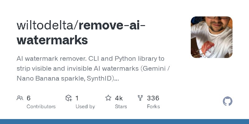 GitHub - wiltodelta/remove-ai-watermarks: AI watermark remover. CLI and Python library to strip visible and invisible AI watermarks…