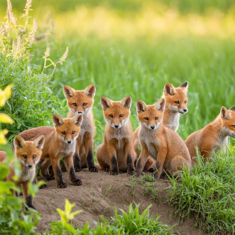 #Bing_Wallpaper一群顽皮的红狐狸幼崽在它们泥土色的巢穴附近嬉戏，周围环绕着茂密的青草和柔软的野生植物