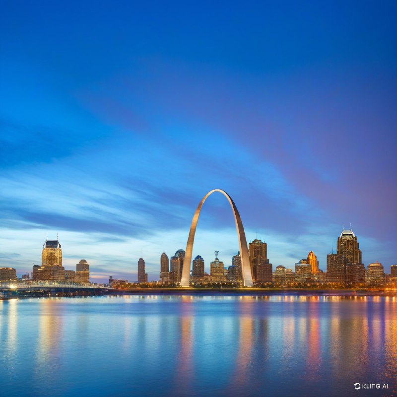 #Bing_Wallpaper“圣路易斯拱门在深邃的钴蓝色黄昏天空映衬下显得格外壮丽，周围环绕着光芒四射的城市景观