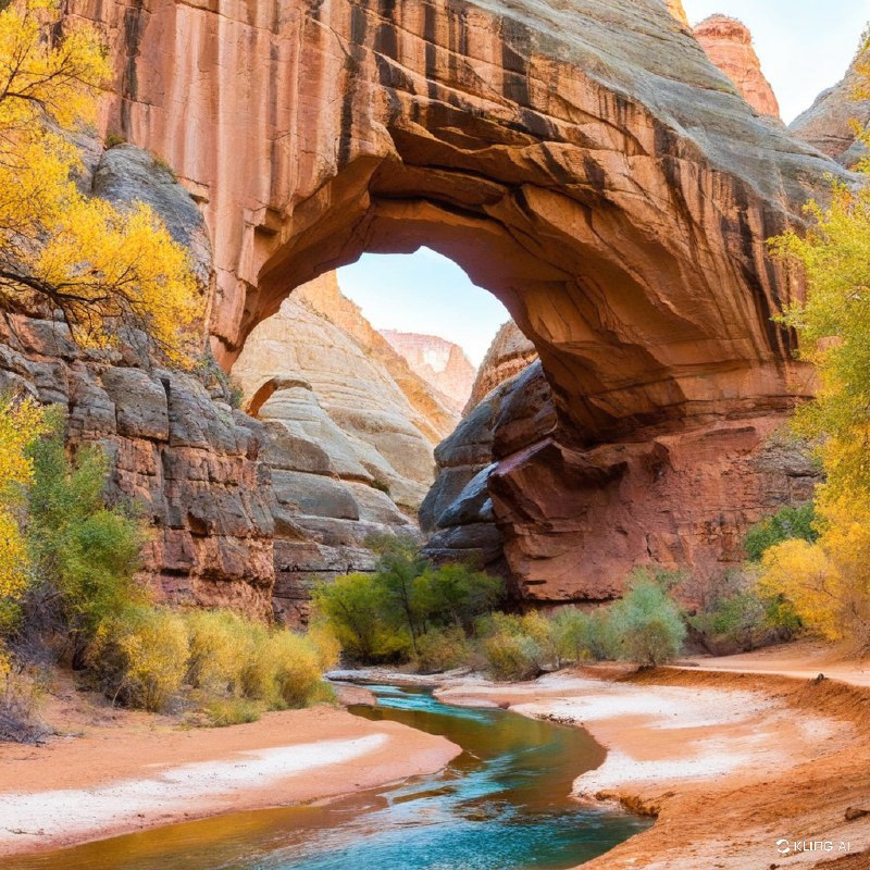 美国犹他州大峡谷休闲区，秋景，峡谷中的天然石拱门，周围环绕着金黄色的树木，溪水缓缓流淌，宁静的风景，温暖的光线，生动的色彩，写实的风格