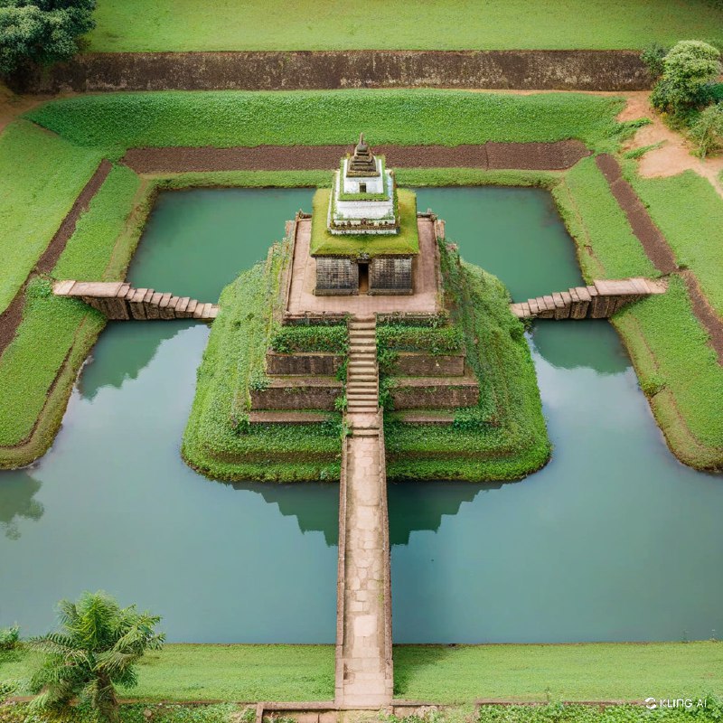 #Bing_Wallpaper“从空中俯瞰宁静的印度卡纳塔克邦霍恩马拉杜附近的 Champaka Sarasi 池塘，一片郁郁葱葱的绿意环绕着池塘，古老的石阶层层跌落至水中