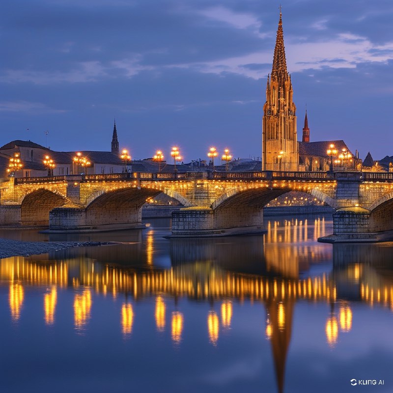 #Bing_Wallpaper黄昏时分，一座历史悠久的多拱石桥横跨宽阔的河流，风景如画