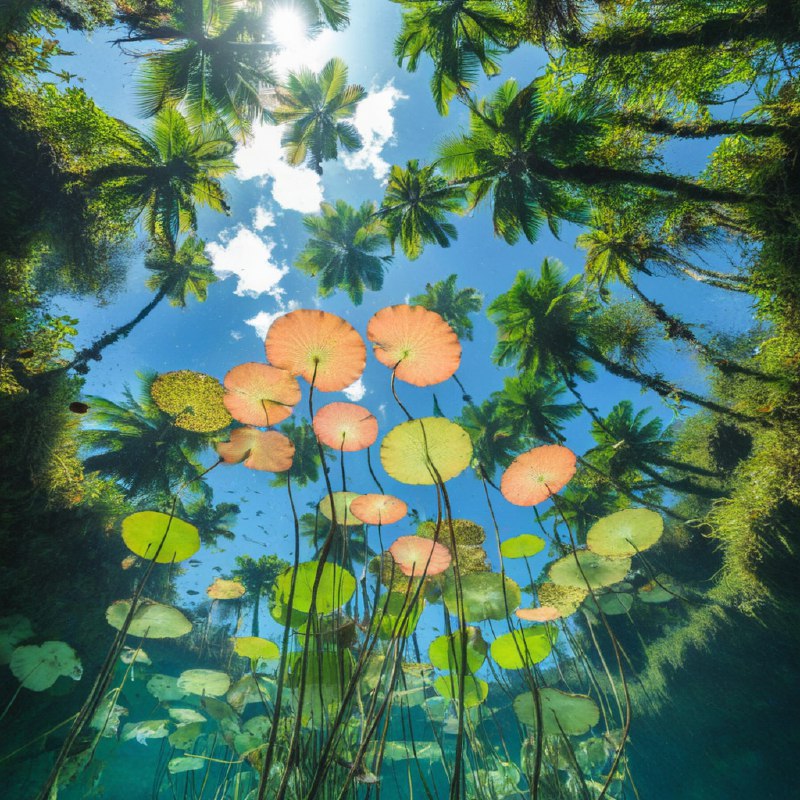 #Bing_Wallpaper“这是一幅迷人的水下视角画面，展现了墨西哥图卢姆一处天然天坑的景象，被热带绿洲的精致倒影所环绕点缀