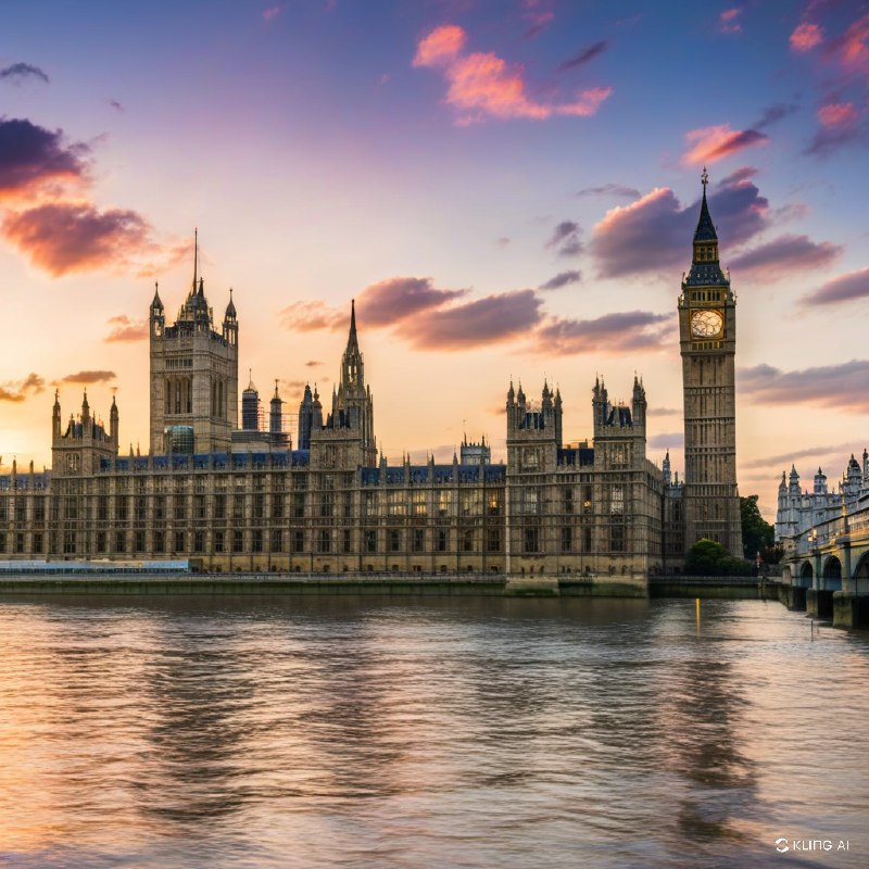 #Bing_Wallpaper"壮丽的景色展现了伦敦标志性地标在令人屏息的日落时分的美景，包括宏伟的威斯敏斯特宫、被金色光辉照亮的高耸大本钟钟面，以及议会大厦的历史建筑