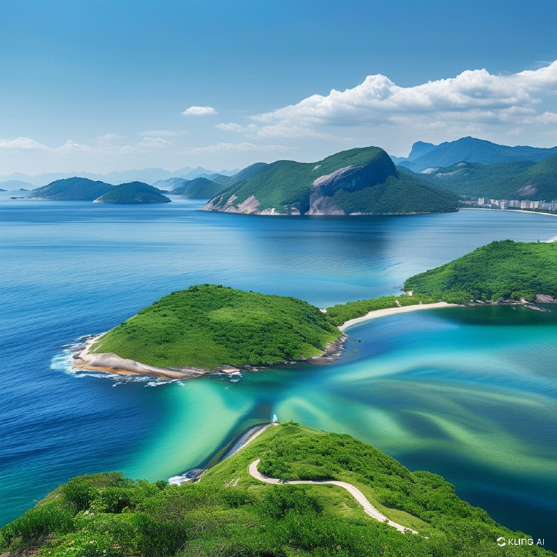 #Bing_Wallpaper自然奇观的蓝色魅力，巴西里约热内卢州的阿拉亚尔多卡博，广阔的海岸线与湛蓝的海水交汇，曲线优美的半岛环抱着明亮的海湾