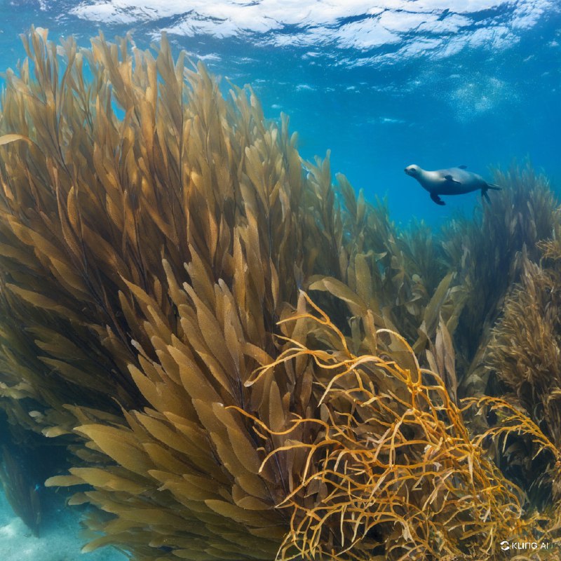 一个宁静的水下场景，以巨大的海藻林为特色，金褐色的海藻生机勃勃