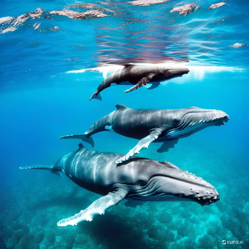 #Bing_Wallpaper在一幅超凡脱俗的水下场景中，一头庄严的座头鲸母亲与她活泼的小鲸鱼优雅地穿行于汤加附近清澈透亮的碧绿海水中