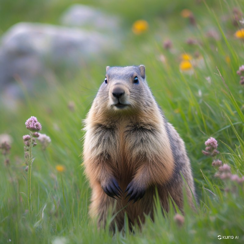 #Bing_Wallpaper一只好奇的年轻高山土拨鼠直立在一片郁郁葱葱的翠绿草地中，草地上点缀着野花和茂盛的高草，背景是柔和模糊的岩石露头和远处的绿色植被