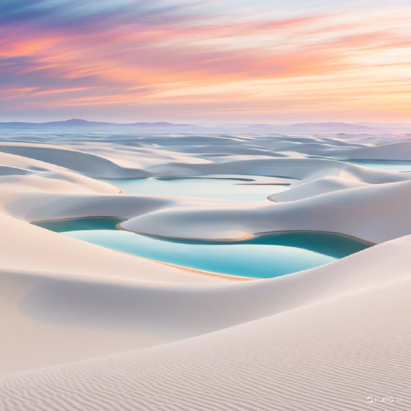 在色彩斑斓、波澜壮阔的落日余晖下，由平滑、洁白的沙丘和宁静、反光的泻湖组成的广袤而超现实的景观，展现出空灵之美和宁静之气