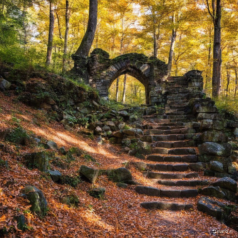 这是一个神秘的森林场景，一个古老的石阶废墟不知通向何方，周围是郁郁葱葱的秋叶，阳光透过树丛，照亮了城堡的残垣断壁，营造出一种神奇而宁静的氛围