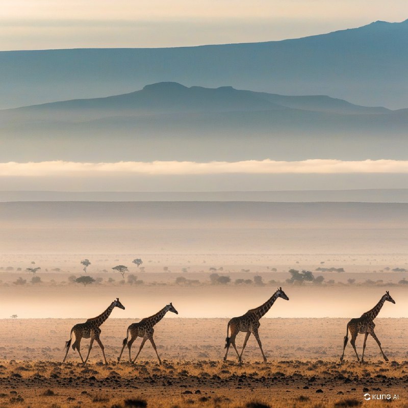 #Bing_WallpaperWide landscape of Amboseli National Park, Kenya, featuring a group of Maasai giraffes gracefully walking across the savannah. The scene is bathed in soft, golden light, highlighting the dry grass and sparse vegetation. In the background, misty hills stretch across a vast horizon under a dramatic, overcast sky. The image draws on a warm, earthy color palette with textures of grass and distant trees. Art style is realistic with intricate details, capturing the essence of the African wild and its majestic wildlife.肯尼亚安博塞利国家公园的辽阔景观，展现了一群优雅漫步于稀树草原的马赛长颈鹿