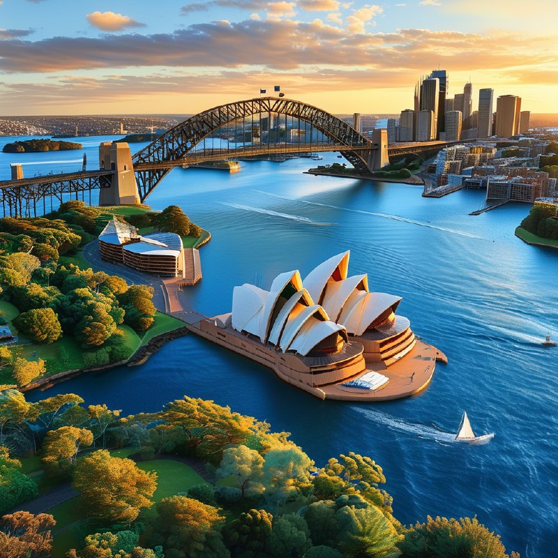 #Bing_Wallpaper"一幅令人叹为观止的悉尼港鸟瞰图，展示了位于澳大利亚新南威尔士州的标志性建筑悉尼歌剧院和海港大桥沐浴在黄昏的金色光辉中