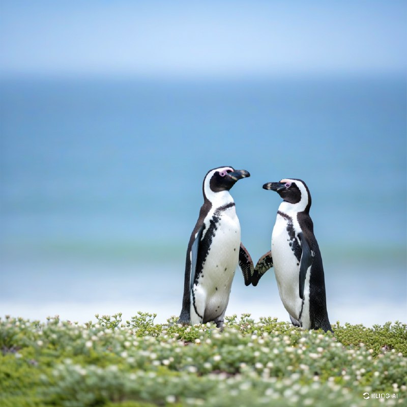 #Bing_Wallpaper两只麦哲伦企鹅并排站立，轻轻地用翅膀相扣，仿佛在温柔地拥抱着彼此