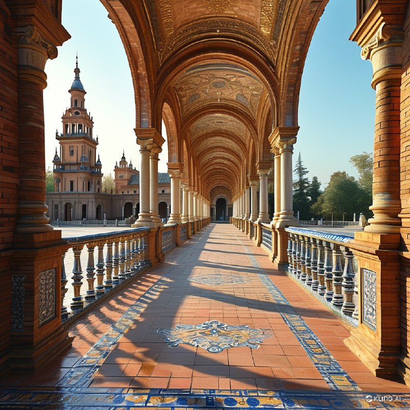 #Bing_Wallpaper受到西班牙塞维利亚西班牙广场启发的宏伟建筑场景，被重新构想为一个充满活力的外星行星——纳布星