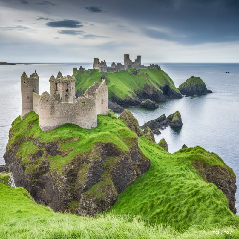 #Bing_Wallpaper"在崎岖悬崖上雄伟的中世纪城堡遗迹，位于北爱尔兰安特里姆的邓卢斯城堡俯瞰着广阔而宁静的海洋