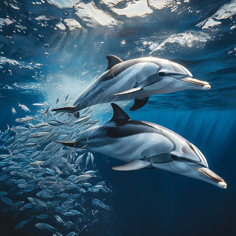 #Bing_Wallpaper在葡萄牙亚速尔群岛的圣米格尔岛附近深邃的蓝色大西洋中，一幅令人振奋的水下场景展现了流线型的敏捷大西洋斑点海豚正奋力追逐闪烁的银色鱼群