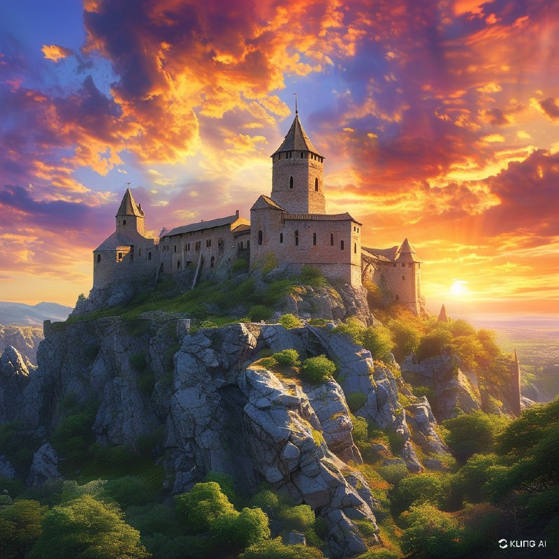 #Bing_WallpaperA majestic ancient castle perched atop a rocky cliff, surrounded by a vast, rugged landscape with sparse greenery. The sky is painted with a stunning, colorful sunset, casting a warm, golden light over the scene. The castle's towers and stone walls are bathed in this dramatic lighting, enhancing its historical and mystical aura. The overall atmosphere is one of awe and timeless beauty.一座雄伟的古老城堡坐落在陡峭的岩石悬崖上，周围是广阔而崎岖的地形，零星点缀着稀疏的绿色植被