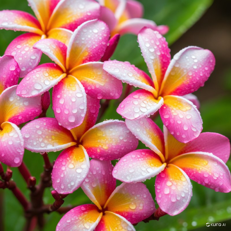 #Bing_Wallpaper"特写镜头展示鲜艳的粉红色和黄色鸡蛋花（缅栀花），花瓣上点缀着新鲜的露珠，在阳光下柔和地闪耀光芒