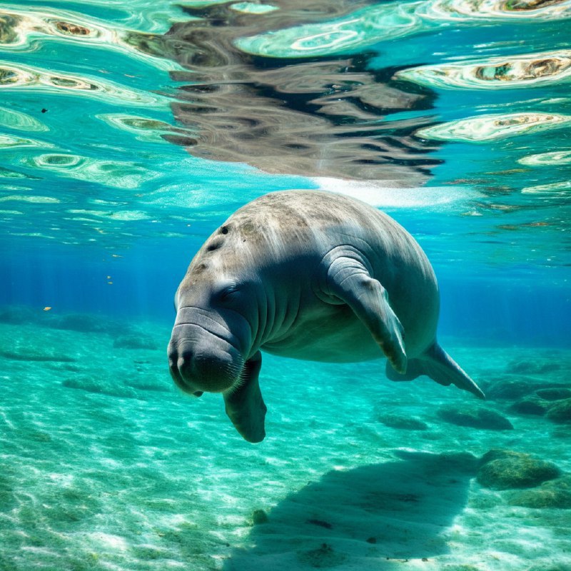 #Bing_Wallpaper在佛罗里达水晶河中的一个迷人的水下景象，一只温顺的海牛优雅地滑行在水面之下