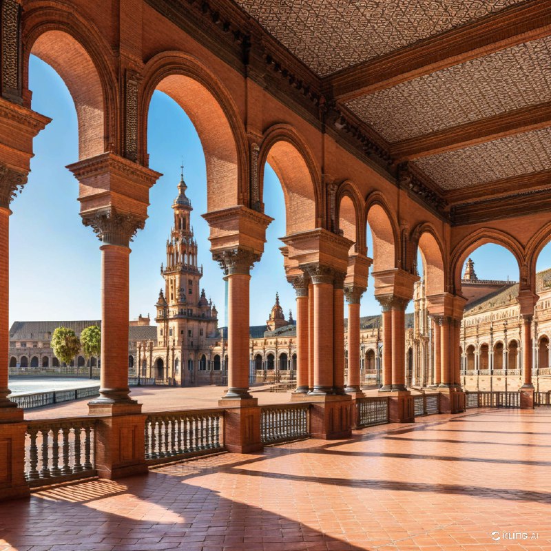 #Bing_Wallpaper受到西班牙塞维利亚西班牙广场启发的宏伟建筑场景，被重新构想为一个充满活力的外星行星——纳布星