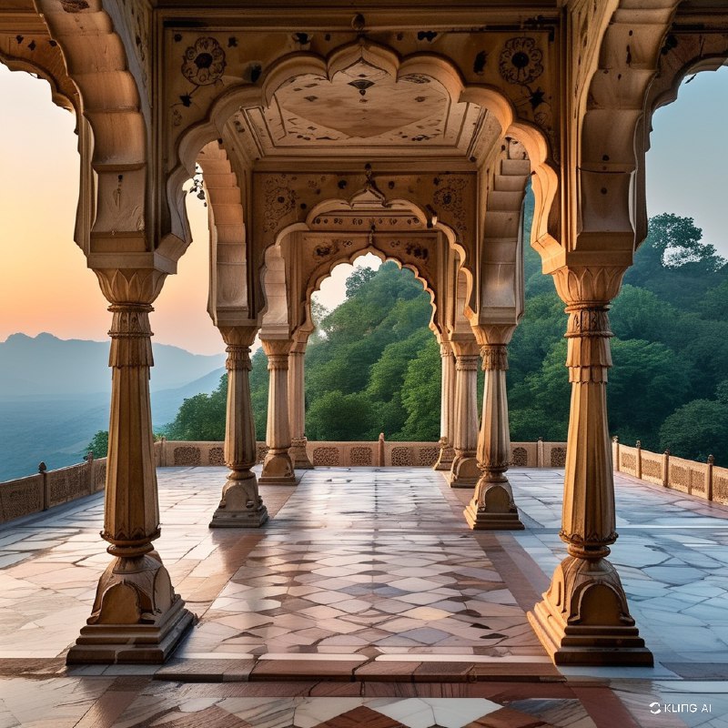 #Bing_Wallpaper精巧的建筑奇迹，位于印度拉贾斯坦邦琥珀堡的Sattais Katcheri，展示了宏伟的拱门，上面有精美的花卉和几何雕刻，坐落在优雅雕刻的柱子之间