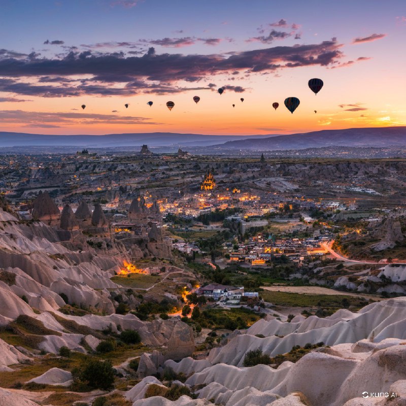 #Bing_Wallpaper"卡帕多西亚格雷梅国家公园在日落时分的迷人鸟瞰图，展现出独特的岩石地貌和阳光洒满山谷的宁静景色，被金色与紫色的光辉所沐浴