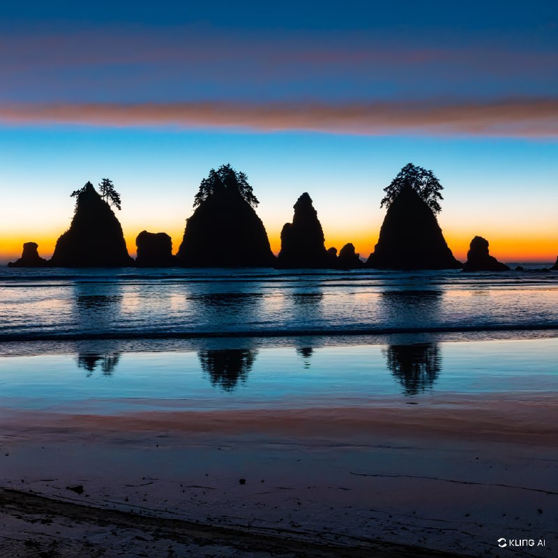 奥林匹克国家公园宁静海滩上令人惊叹的日落，岩石海垛的剪影，从深蓝过渡到暖橙色的生机勃勃的天空，平静倒影的海水，宁静祥和的氛围
