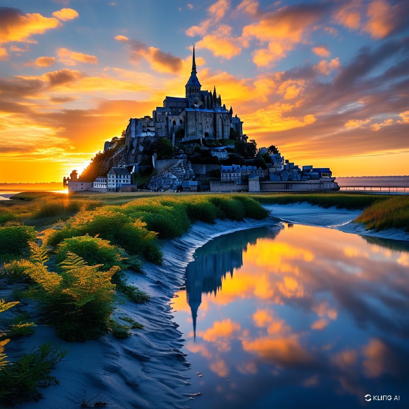 #Bing_Wallpaper在梦幻般的暮色中，创造蒙特圣米歇尔的图像，捕捉它那超凡脱俗的美