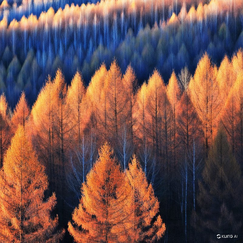 中国巴山草原上的金色松树，展现了初冬的美景，令人叹为观止