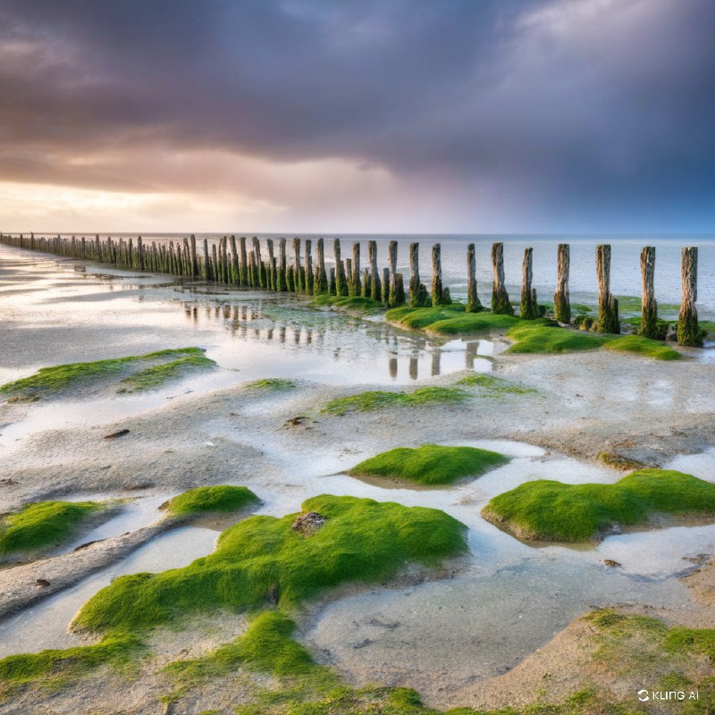 这是一幅宁静的风景画，展现了广阔的海岸风光