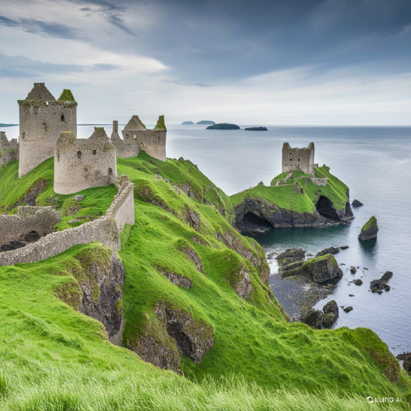 #Bing_Wallpaper"在崎岖悬崖上雄伟的中世纪城堡遗迹，位于北爱尔兰安特里姆的邓卢斯城堡俯瞰着广阔而宁静的海洋