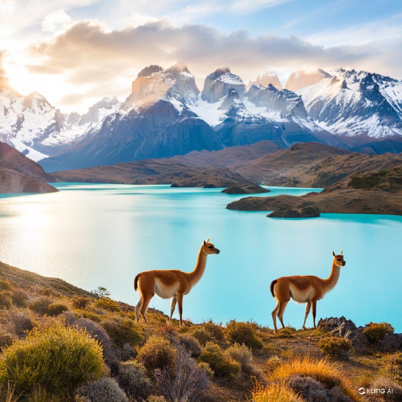 #Bing_Wallpaper"在智利托雷斯德尔潘恩国家公园日出时的壮丽全景，画面中有两只优雅的原驼栖息在草坪峭壁上