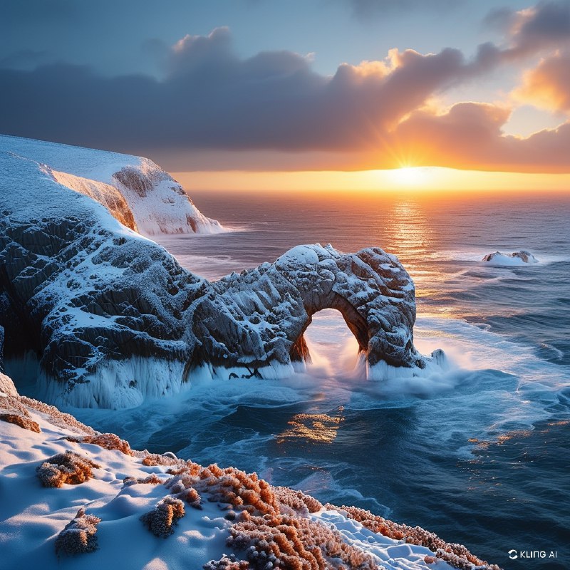 #Bing_Wallpaper超现实的冬季海景位于世界尽头，康沃尔兰兹角被白雪覆盖的悬崖，戏剧性拱形岩石从如梦似幻的海洋中出现，金橙色的日落为冰冷的景观投射出温暖的光辉，深蓝色海洋与白雪形成鲜明对比，崎岖地带上有薄霜的植被点缀，宁静却庄严的氛围，电影般非常细致的视觉风格，捕捉自然的迷人美丽与力量