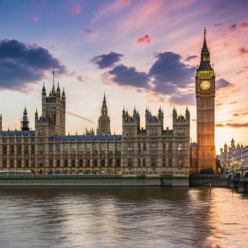 #Bing_Wallpaper"壮丽的景色展现了伦敦标志性地标在令人屏息的日落时分的美景，包括宏伟的威斯敏斯特宫、被金色光辉照亮的高耸大本钟钟面，以及议会大厦的历史建筑