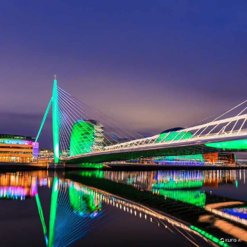 #Bing_Wallpaper"在爱尔兰都柏林圣帕特里克节庆祝活动中，塞缪尔·贝克特桥展现出迷人的夜景