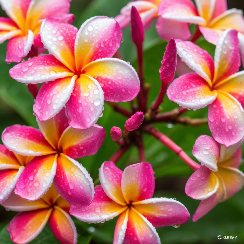 #Bing_Wallpaper"特写镜头展示鲜艳的粉红色和黄色鸡蛋花（缅栀花），花瓣上点缀着新鲜的露珠，在阳光下柔和地闪耀光芒