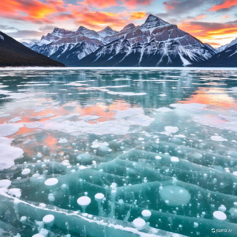 #Bing_Wallpaper“一幅令人叹为观止的冬季景观，展现了加拿大阿尔伯塔省亚伯拉罕湖的美景：一片广阔的松石色冰面上，悬浮着透明的白色甲烷气泡，这些气泡冻结成了错落有致的层次，层叠在冰面之下