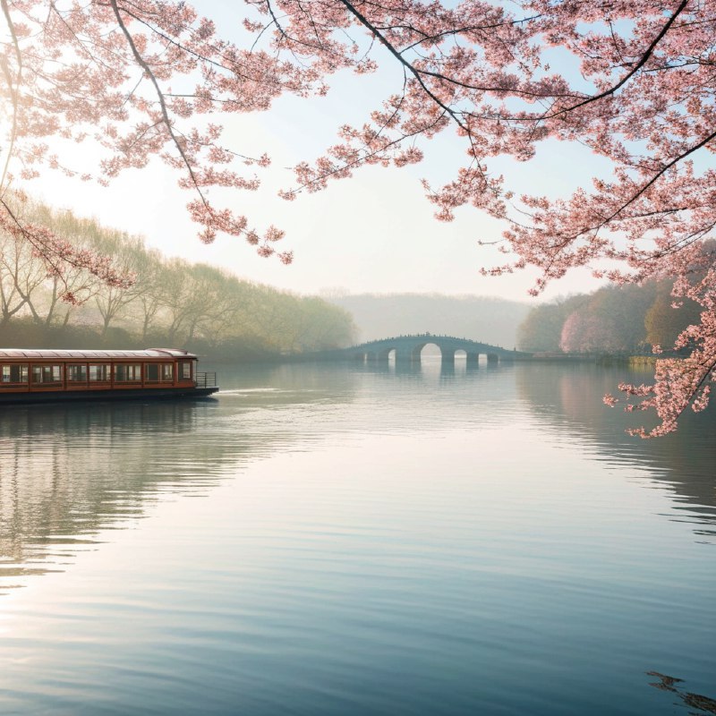 #Bing_Wallpaper“杭州春日静谧，满开的娇嫩樱花勾勒出如画的景色，在柔和的金色阳光下环绕着一片宁静的湖泊，传统的中国小船轻轻漂浮在如镜的水面上，远处一座拱形石桥隐没在清晨的薄雾中，郁郁葱葱的树木掺杂着粉色与绿色，形成鲜明的对比，氛围弥漫着梦幻般的宁静，捕捉了中国春日天堂的迷人之美