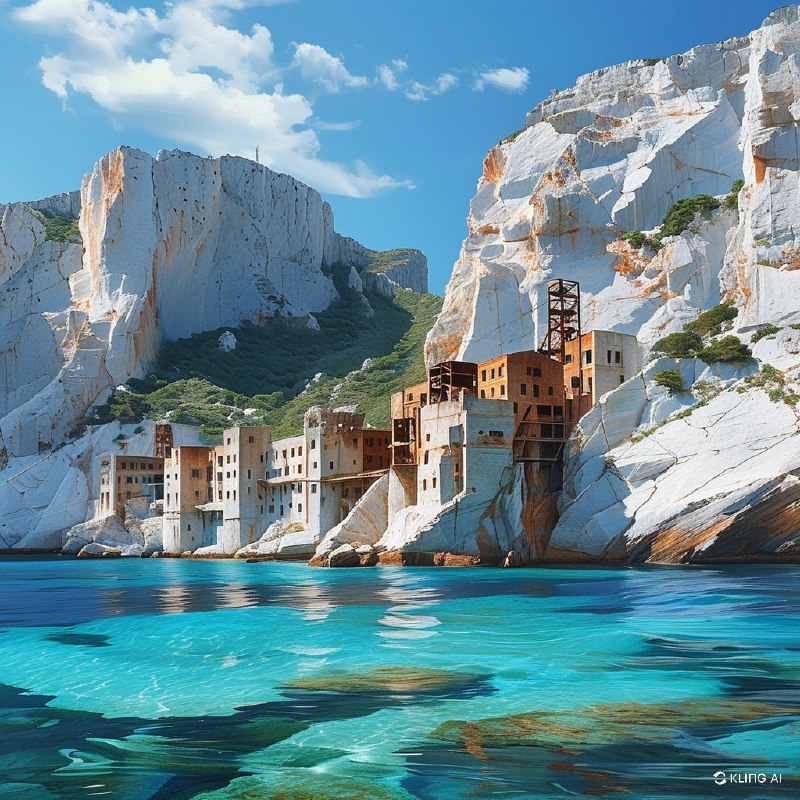 #Bing_Wallpaper“在意大利撒丁岛苏尔基斯-伊格莱西恩特地区的弗拉维亚港，一座雄伟的海岸悬崖展现出戏剧性的石灰岩峭壁，峭壁中镶嵌着一座神秘且古老的工业建筑，隐匿于巨大的白色与赭色石块之中