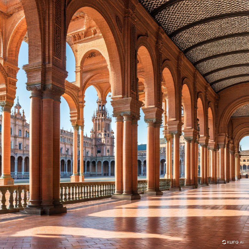 #Bing_Wallpaper受到西班牙塞维利亚西班牙广场启发的宏伟建筑场景，被重新构想为一个充满活力的外星行星——纳布星