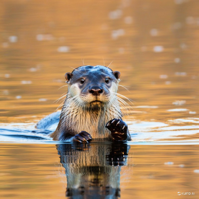 #Bing_Wallpaper夕阳时分，一只欧亚水獭从平静而金黄的水面中浮现的特写镜头